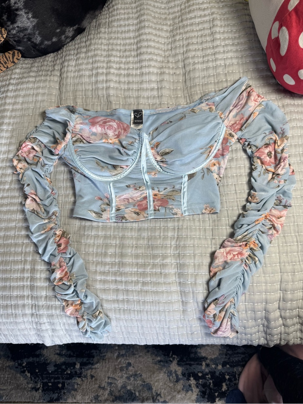 Windsor Light Blue Floral Ruched Long-Sleeve Crop Top